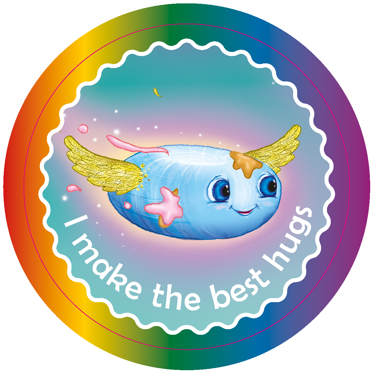 Colorful circular sticker with a blue creature with wings and text 'I make the best hugs' on a white background.