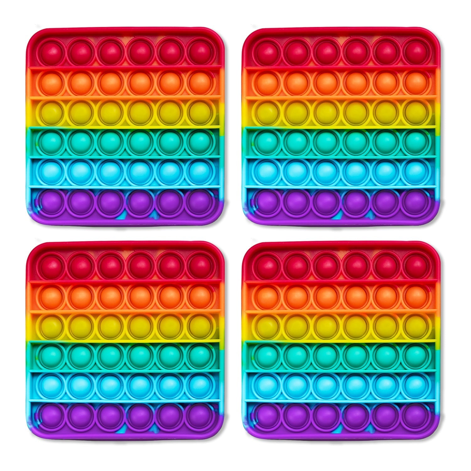 Four rainbow-colored pop-it fidget toys on a white background