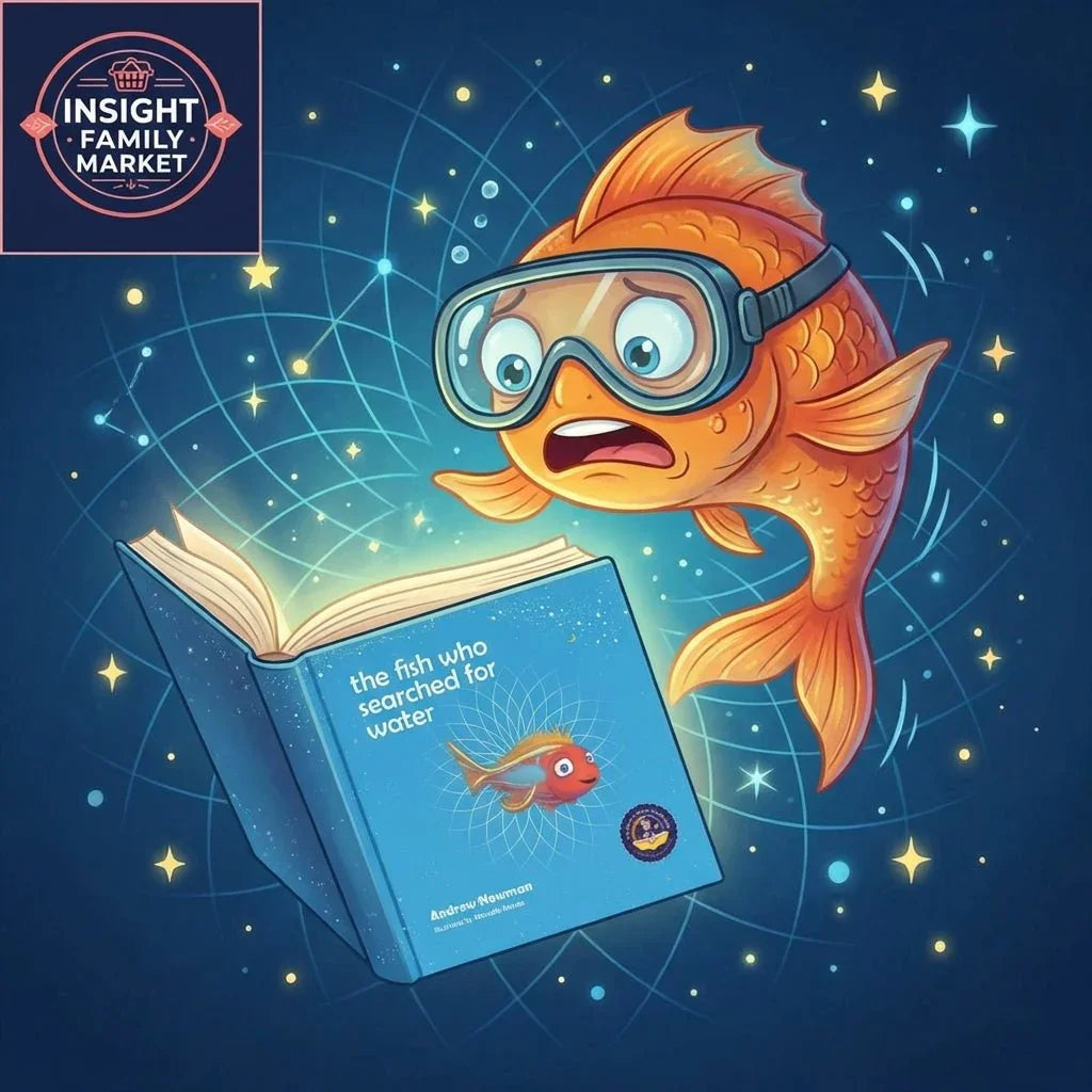 Cartoon goldfish with goggles reading 'the fish who searched for water' book, starry background.