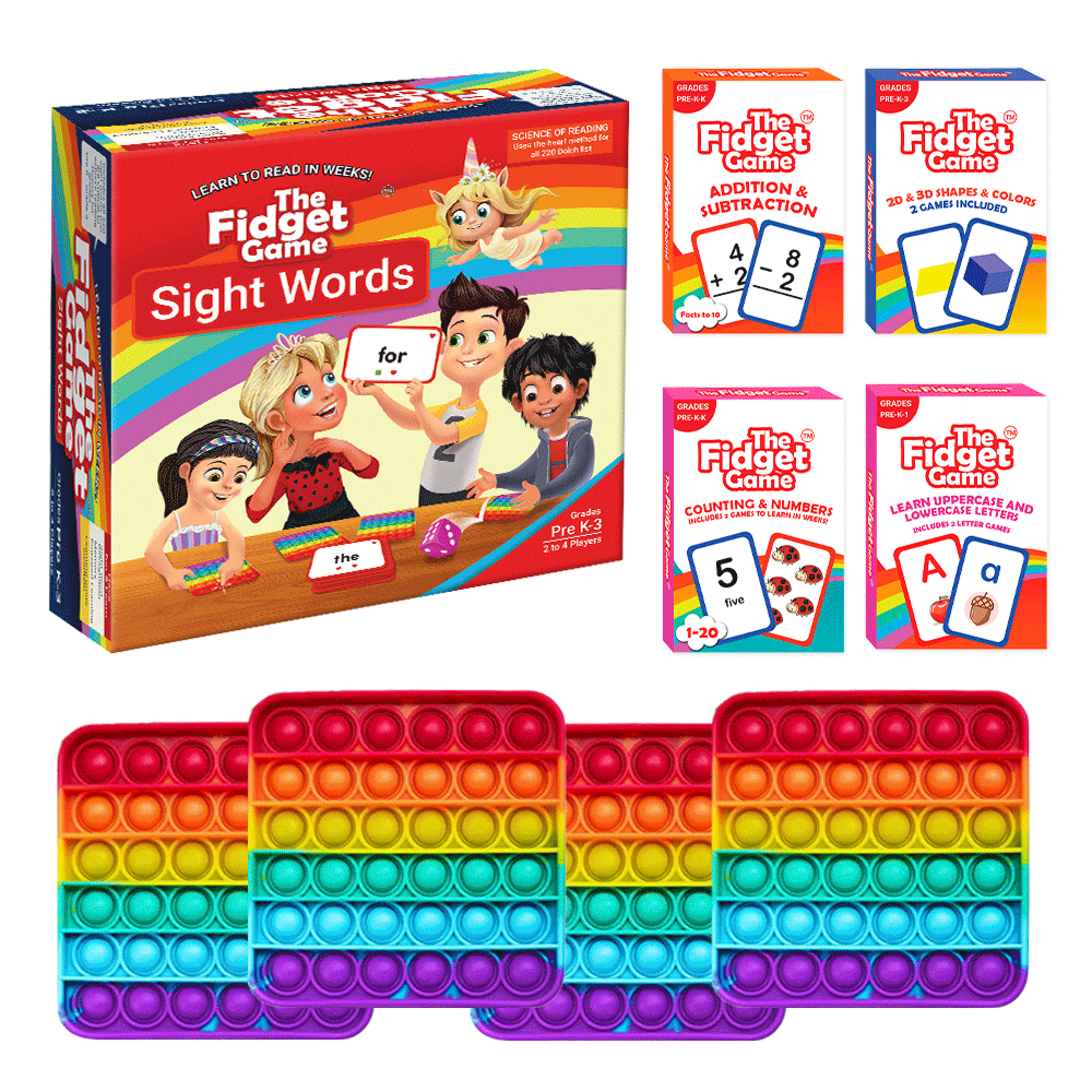 Educational game set with colorful packaging and pop-it fidget toy.