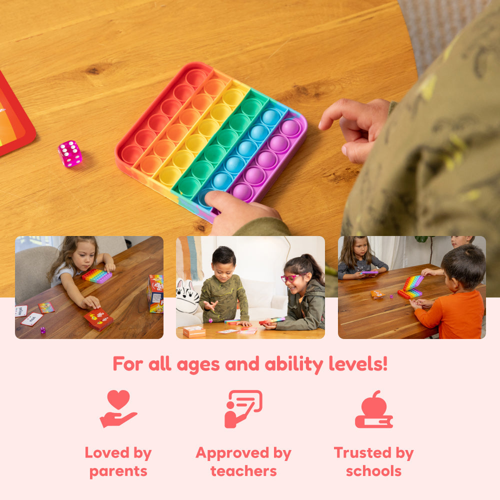 Colorful pop-it toy on a wooden table with children playing around it, and text indicating its suitability for all ages and ability levels.