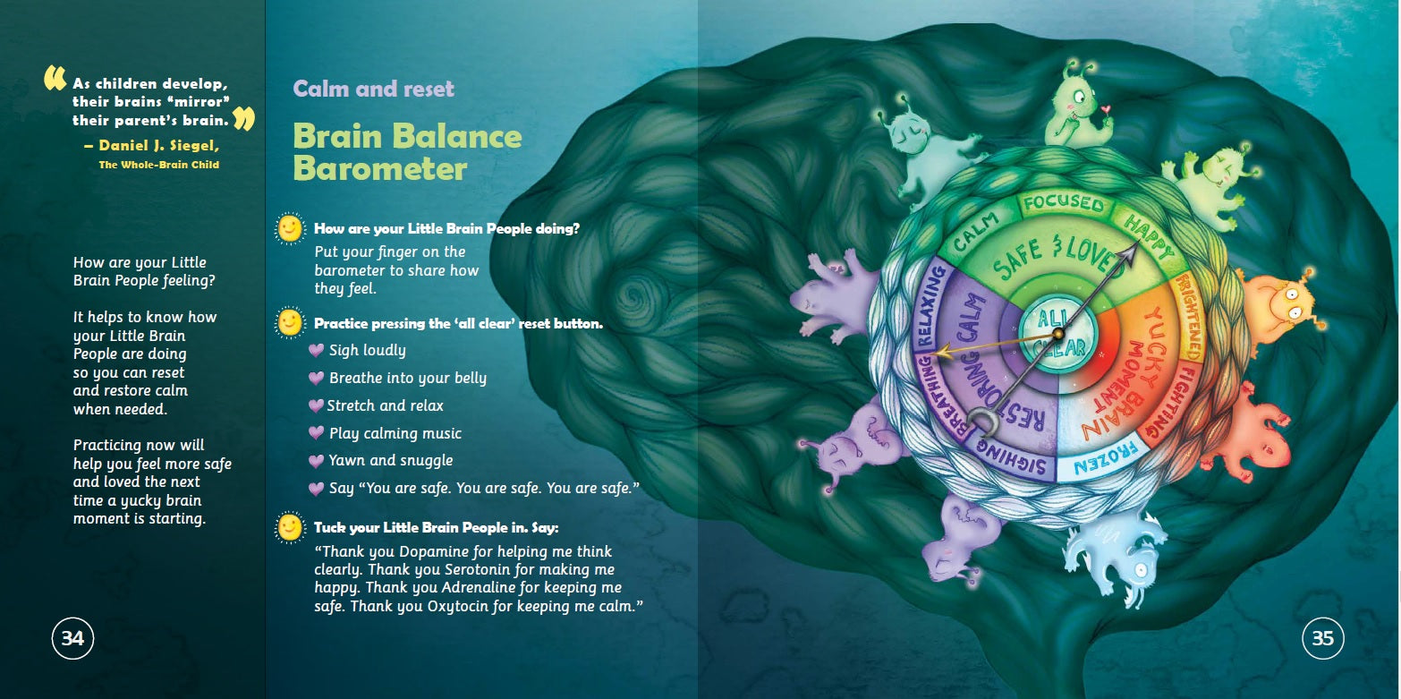 Illustration of a brain with colorful segments labeled 'Calm', 'Reset', and 'Brain Balance Barometer' on a blue background.