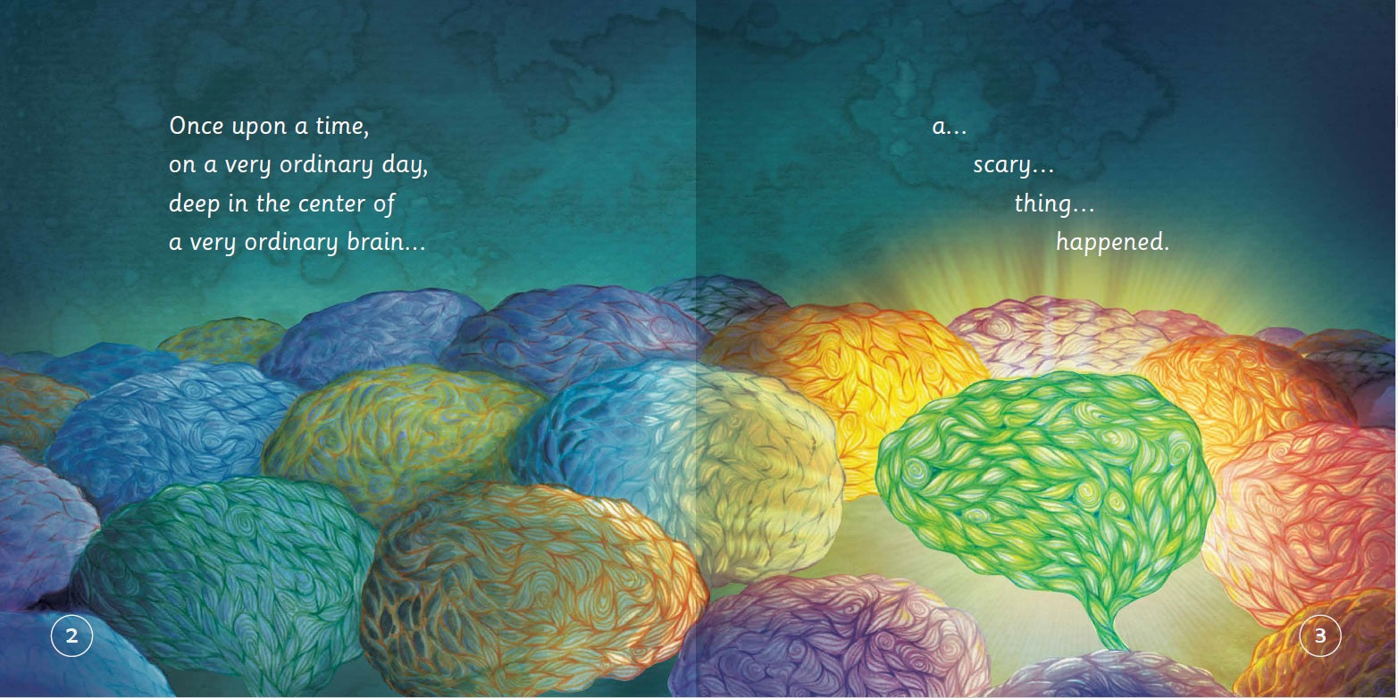 Illustration of colorful brains with text overlay on a blue background