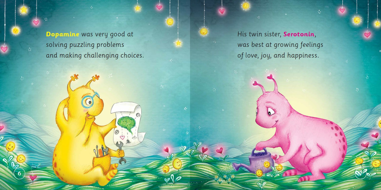 Illustration of two cartoon characters, one yellow and one pink, with text about dopamine and serotonin on a colorful background.