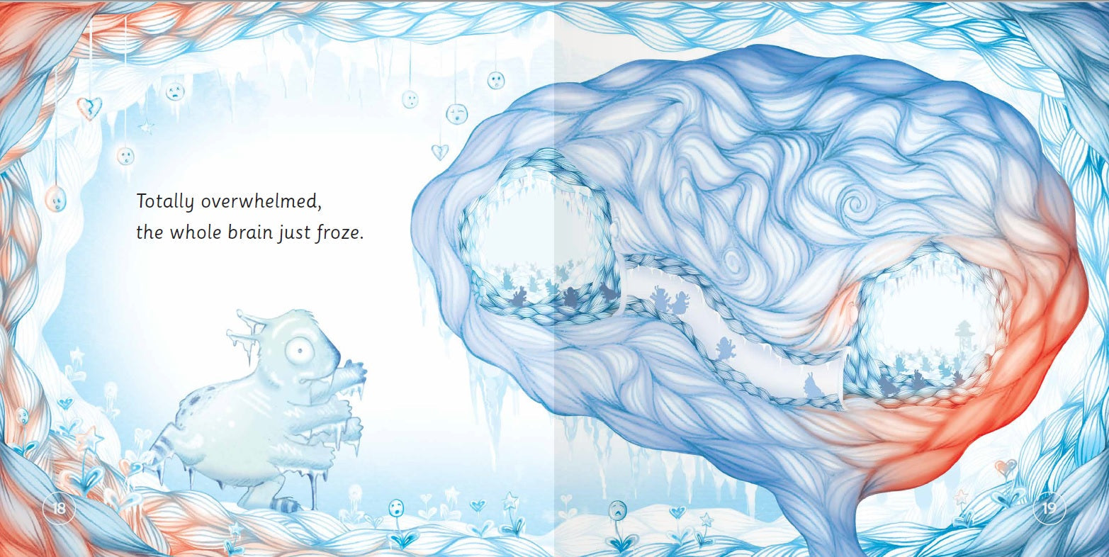 Illustration of a brain with a frozen appearance and text about being overwhelmed.