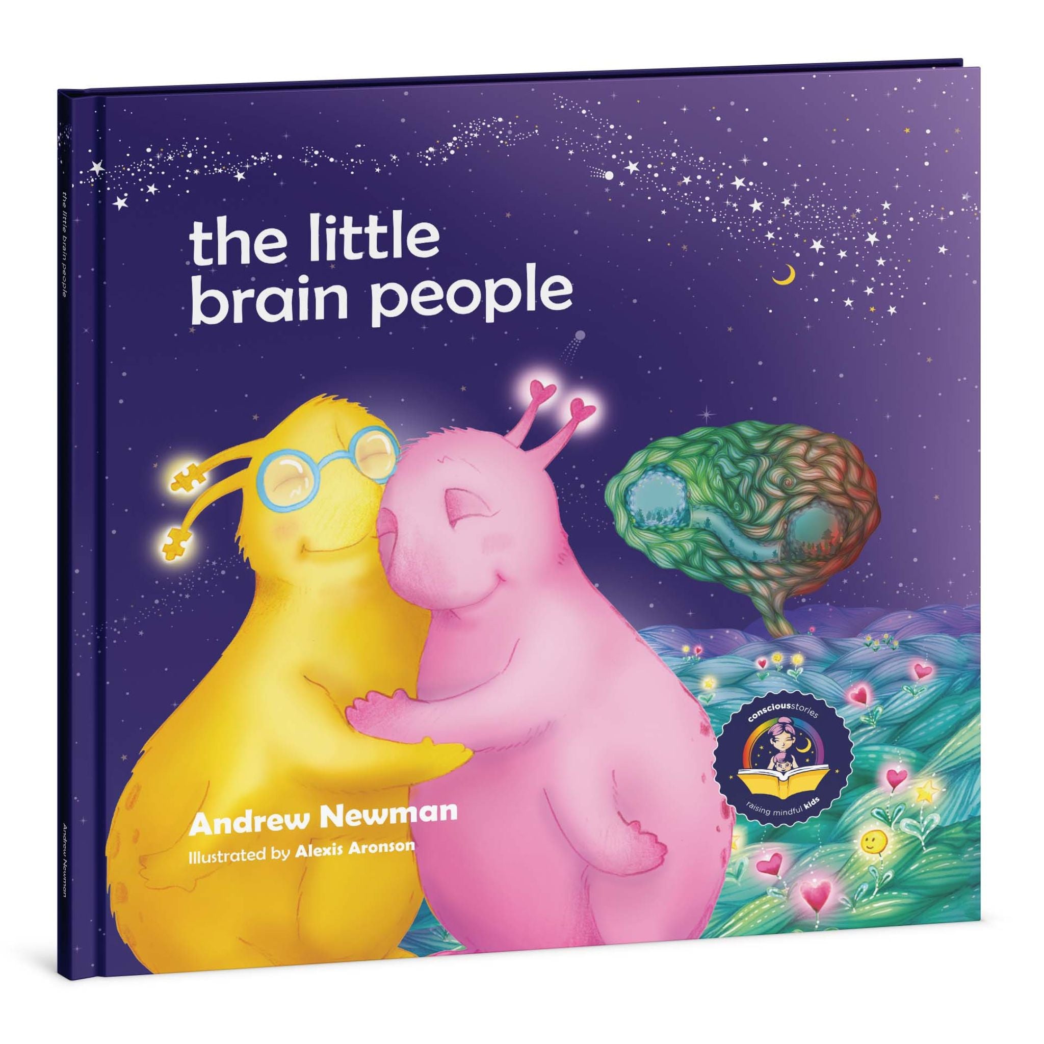 Book cover of 'the little brain people' with two colorful characters and a brain illustration on a purple background.