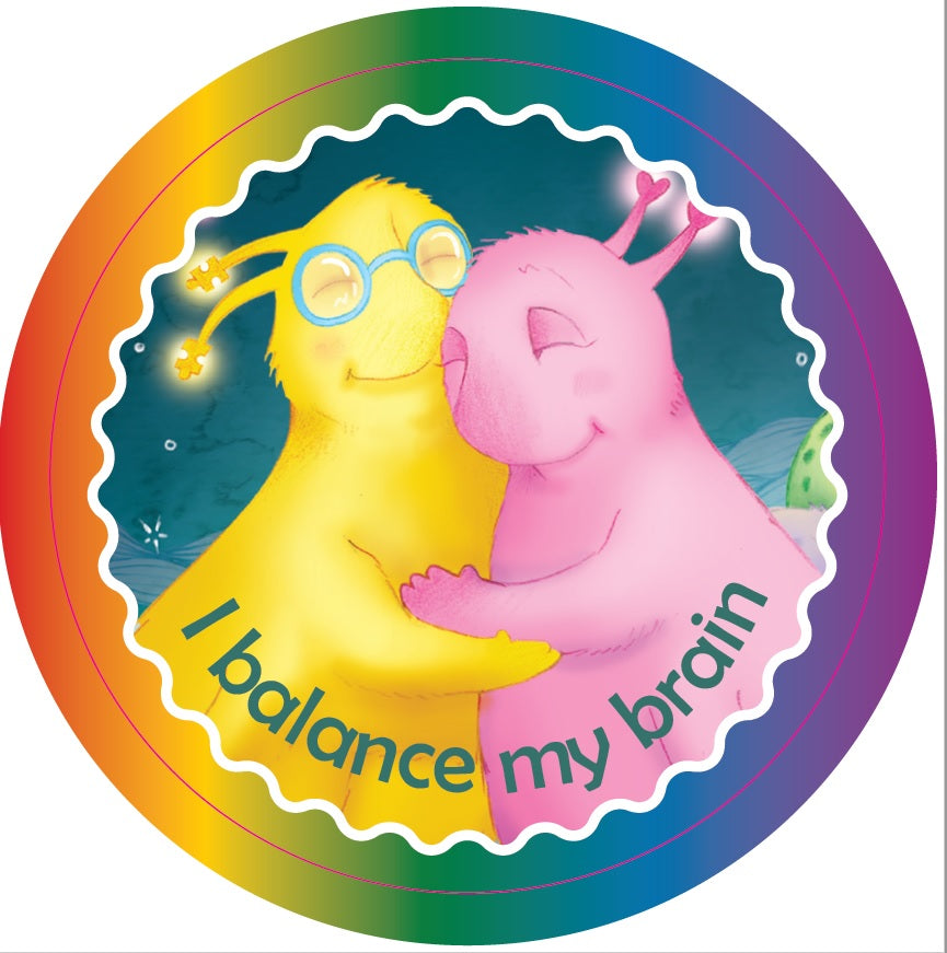 Two cartoon characters hugging with 'I balance my brain' text on a colorful circular background