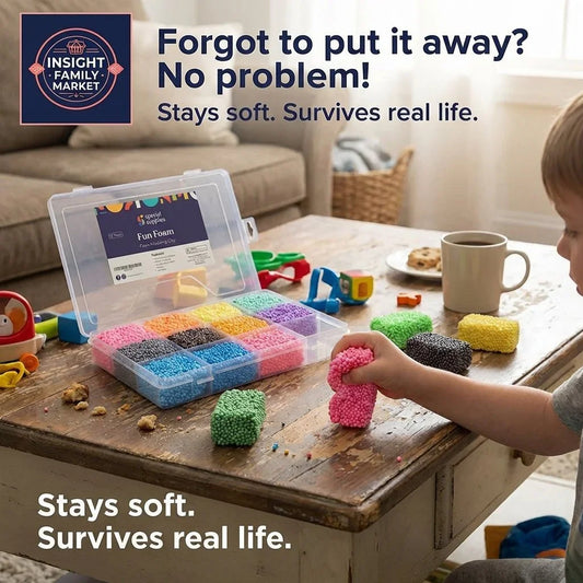 Child playing with colorful sensory foam blocks on a wooden table, sensory toy kit open nearby.