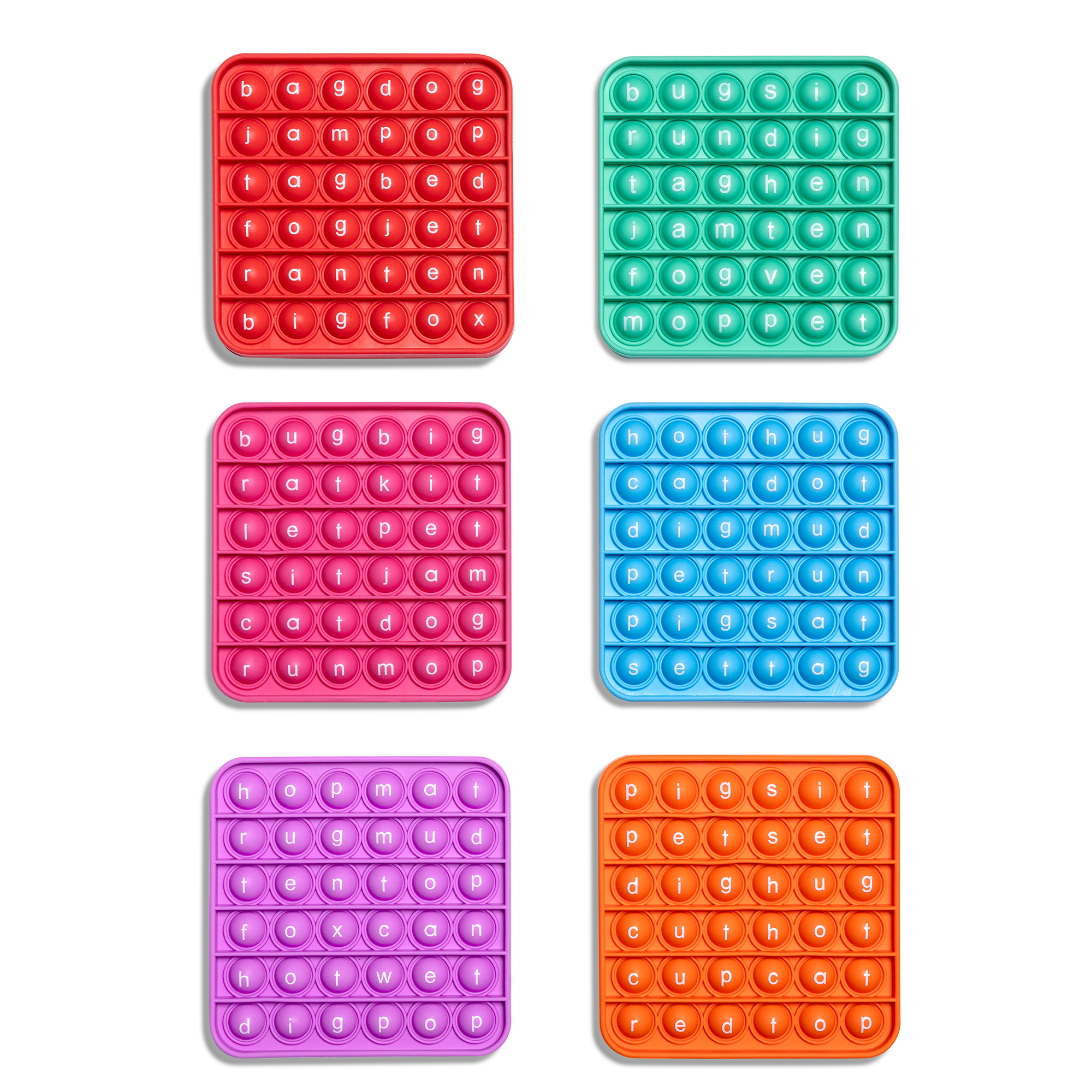 Set of six colorful pop-it fidget toys on a white background