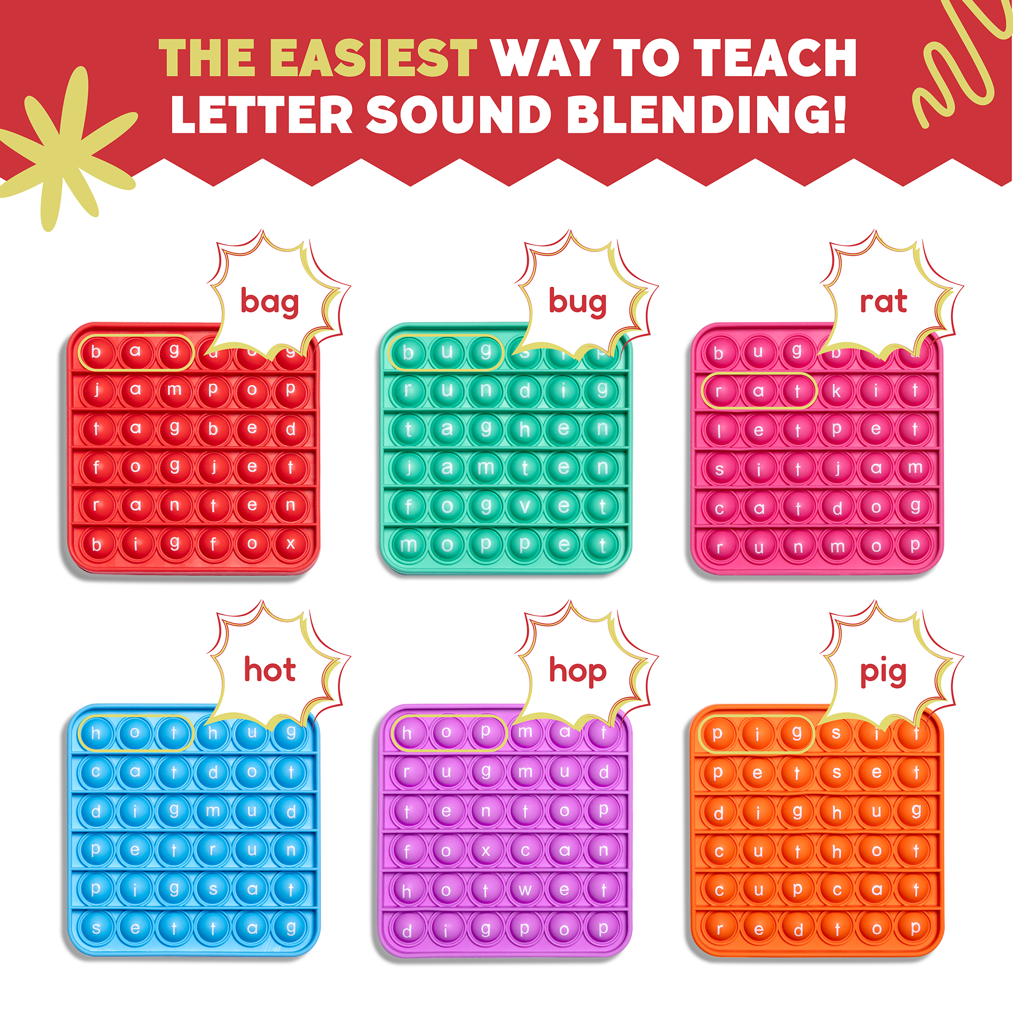 Colorful pop-it fidget toys with letter sound blending text