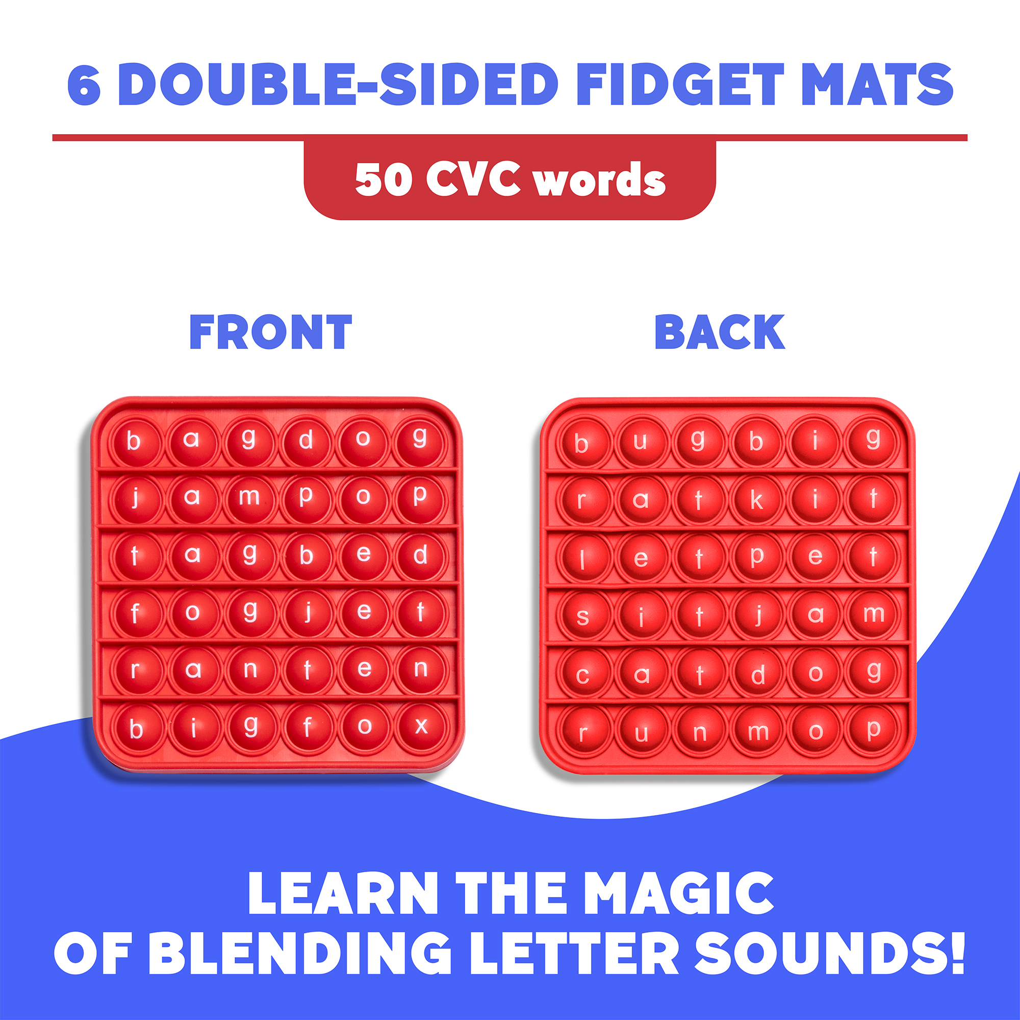 Red double-sided fidget mat with letters on a blue and white background