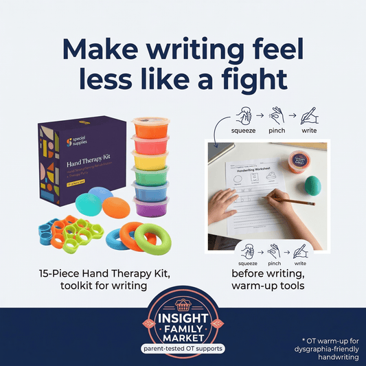 Hand therapy kit with putty, rings, and warm-up tools for handwriting support
