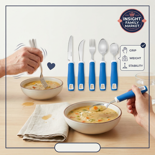 Blue-handled cutlery set with bowls of soup on a table, featuring Insight Family Market branding.