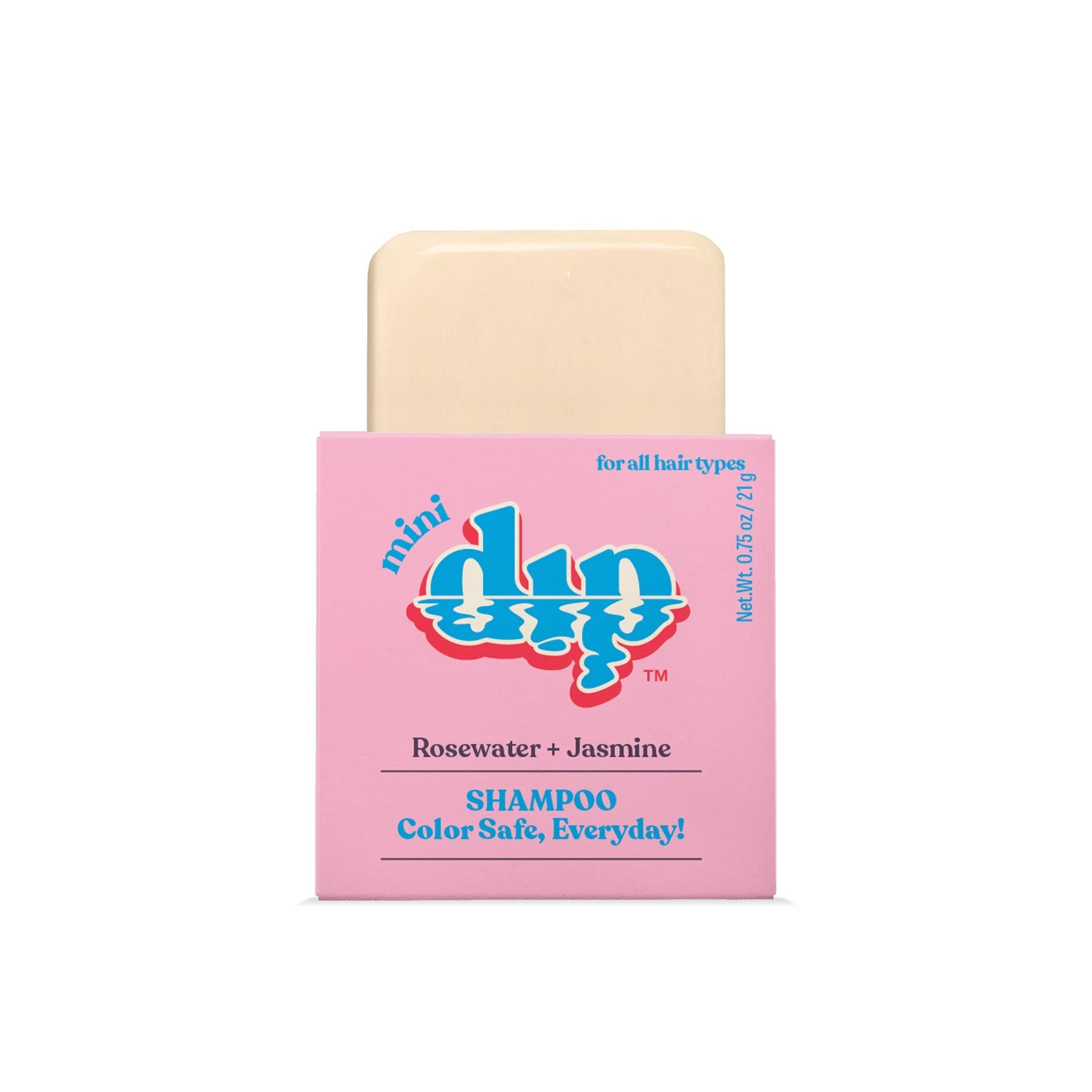 Dip mini shampoo bar with pink packaging on a white background