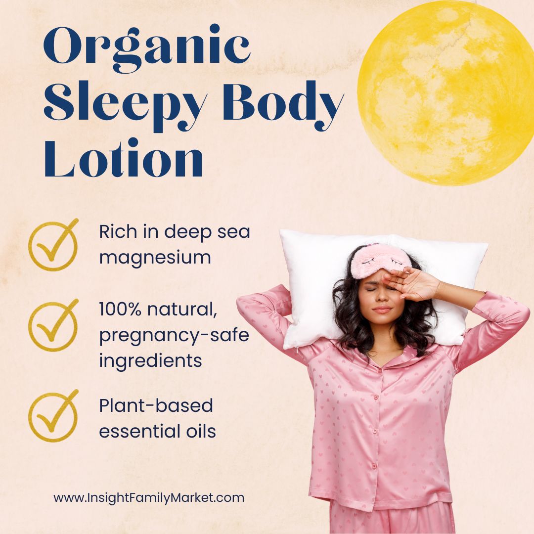 Advertisement for Organic Sleepy Body Lotion with a woman in pink pajamas and a sleep mask, featuring a moon graphic on a beige background.