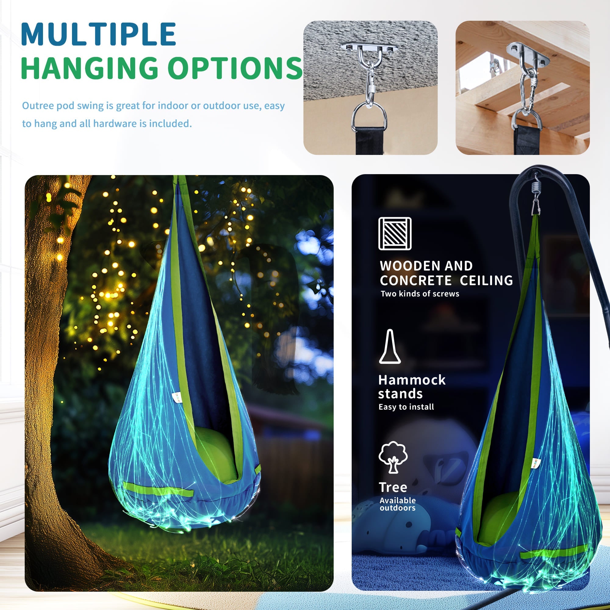 Blue and green outdoor swing with hanging options on a white background