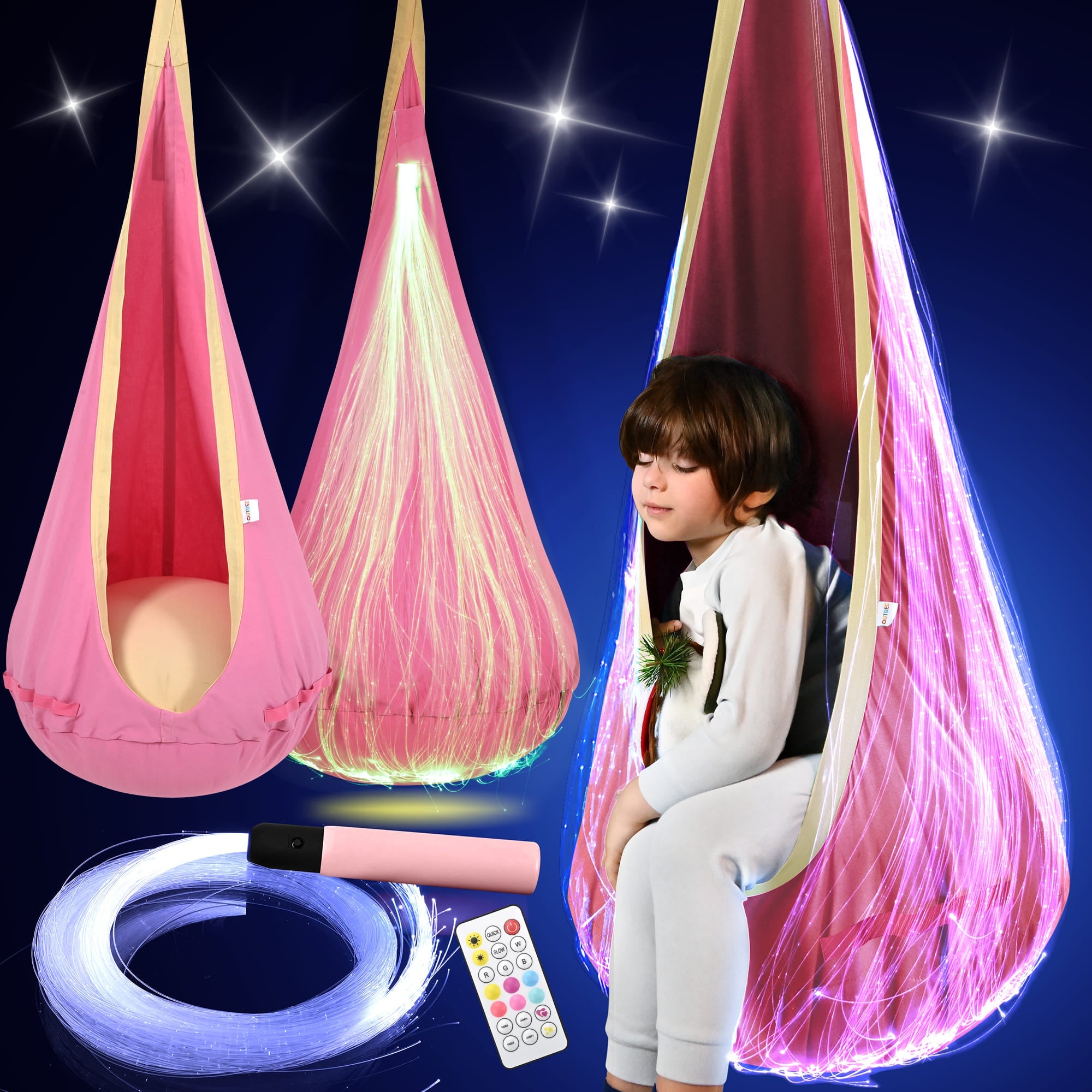 Hanging chair with LED lights and remote control on a dark blue background