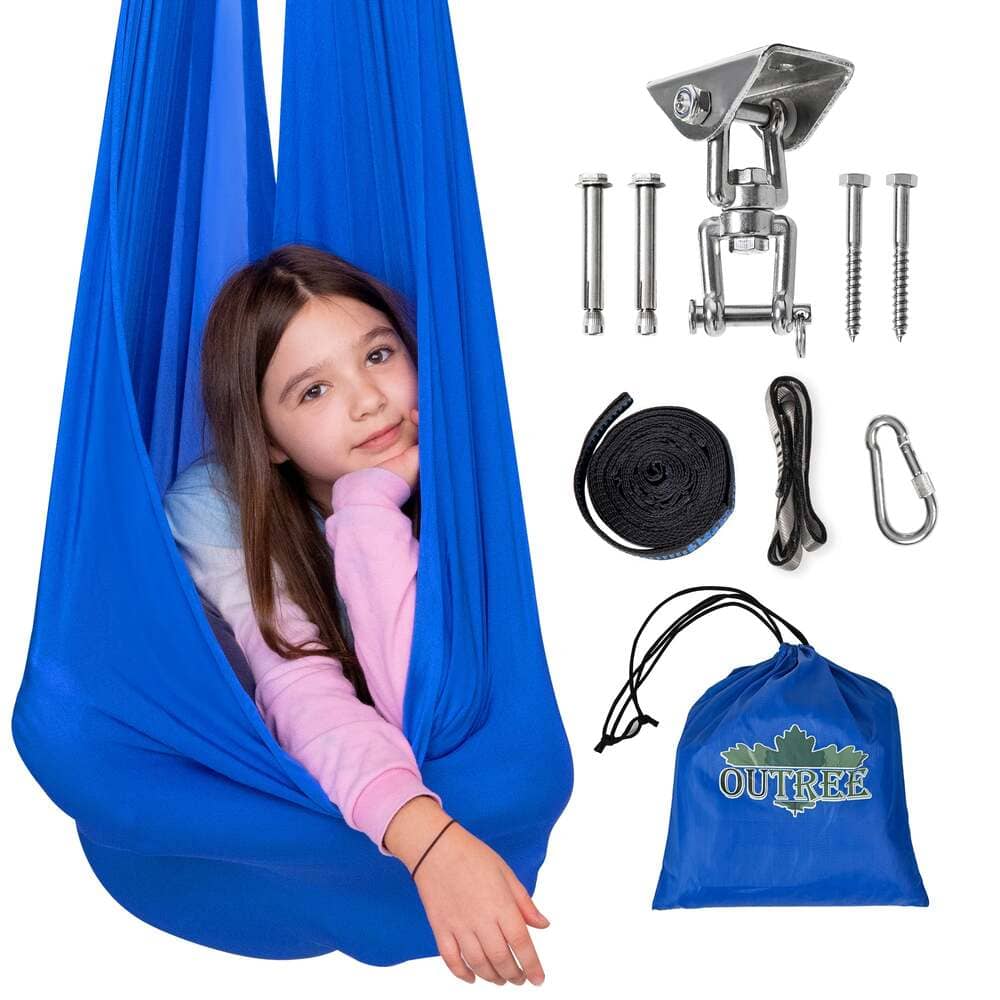 Blue hanging chair with accessories on a white background