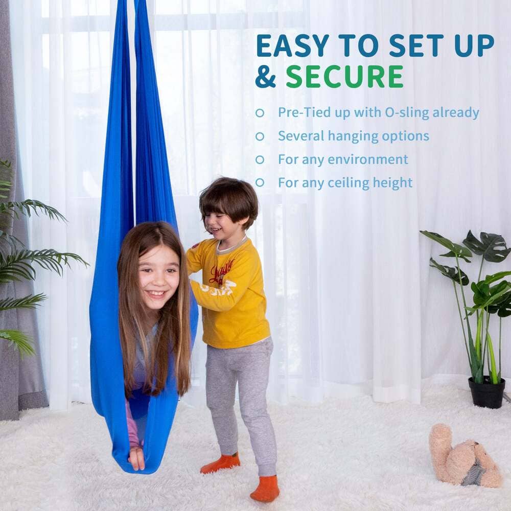 Children using a blue hanging seat with text highlighting ease of setup and security.