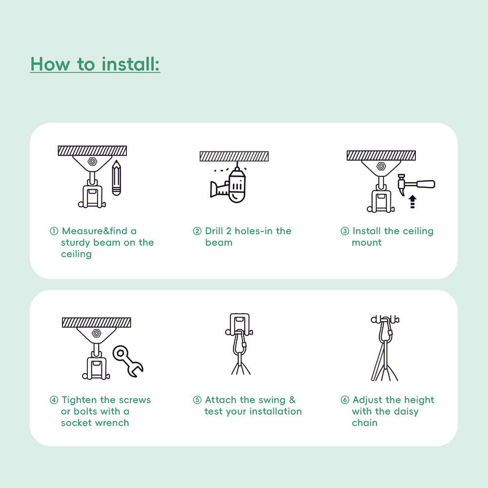 Step-by-step installation guide for a ceiling-mounted swing on a light green background