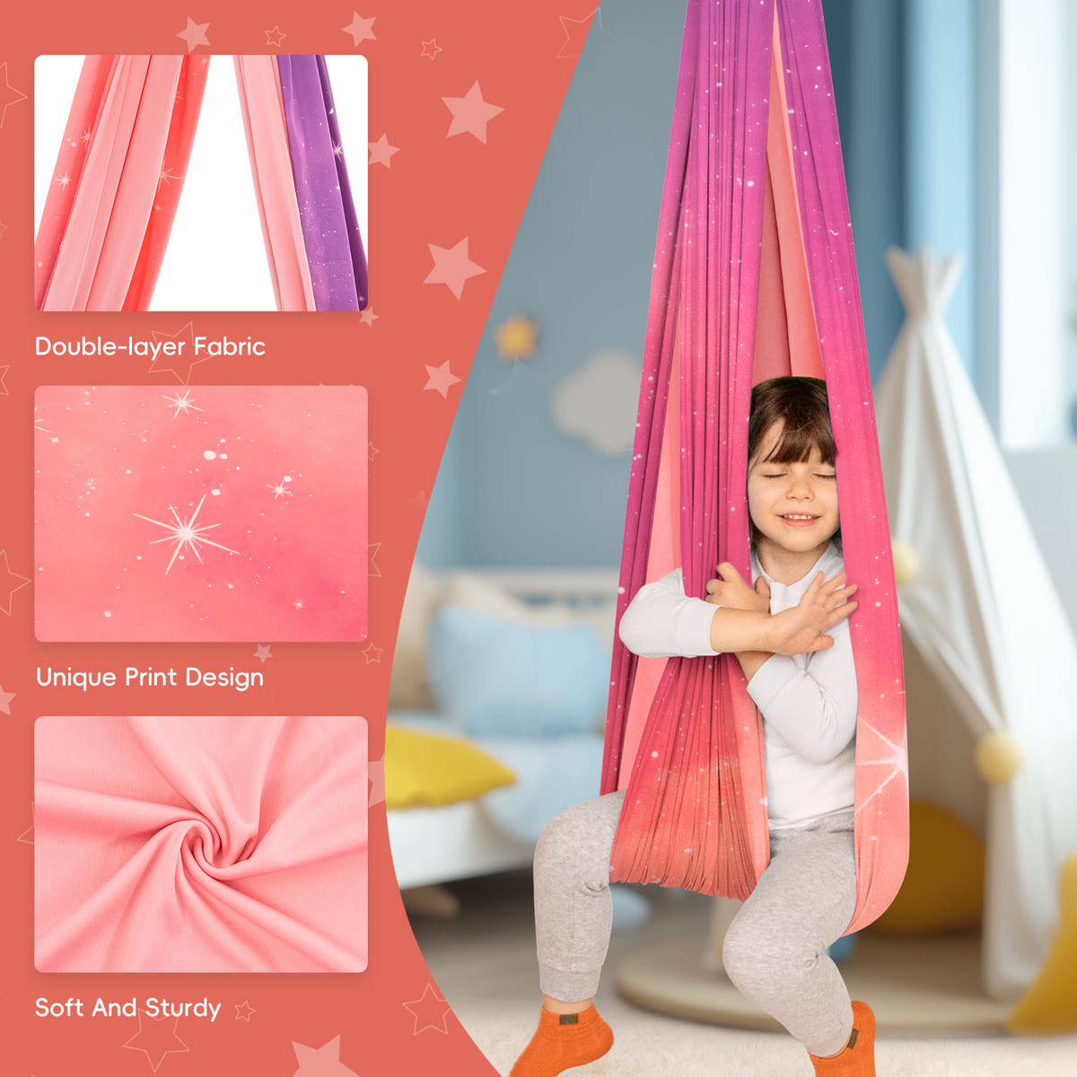Child sitting in a pink and purple fabric swing with product features highlighted.