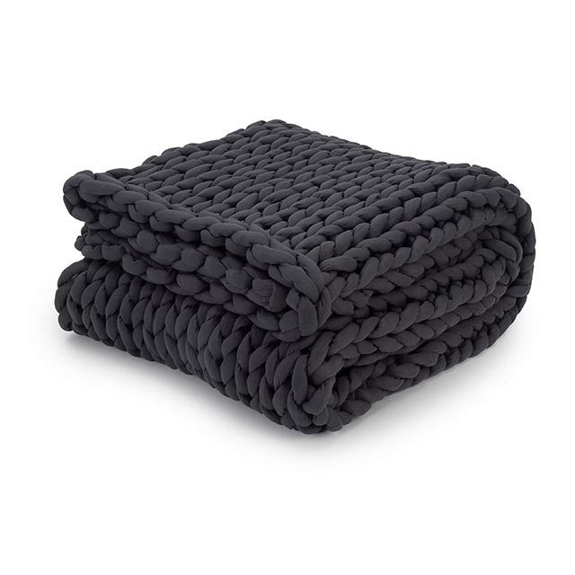 Folded dark gray blanket on a white background