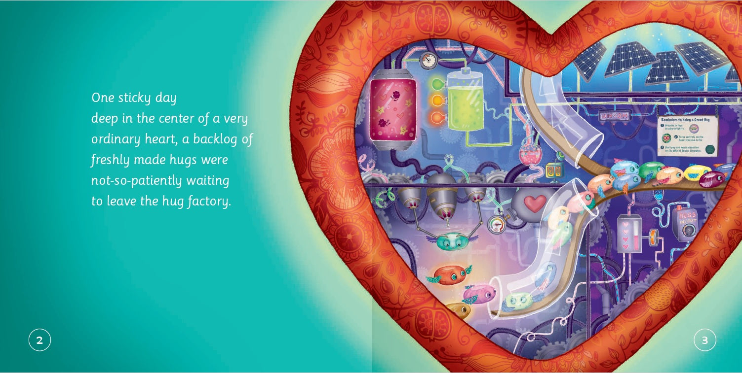 Illustration of a heart with a machine inside, resembling a hug factory, on a teal background.