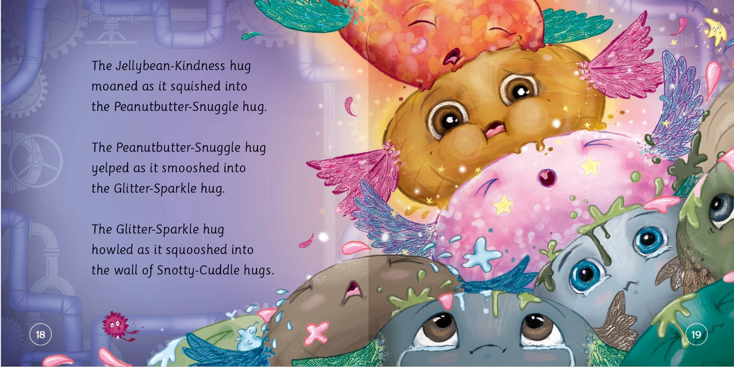 Illustration of jellybean-like characters with text on a colorful background