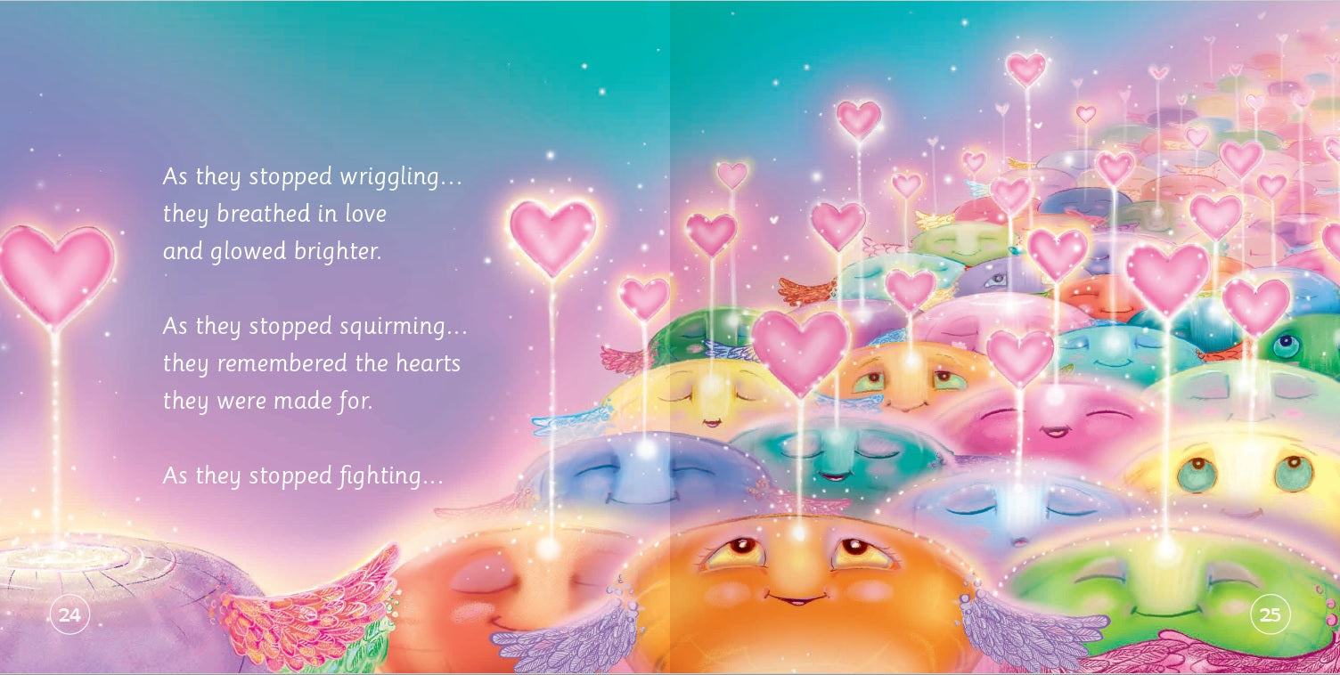 Cartoon characters with hearts and glowing lights on a colorful background