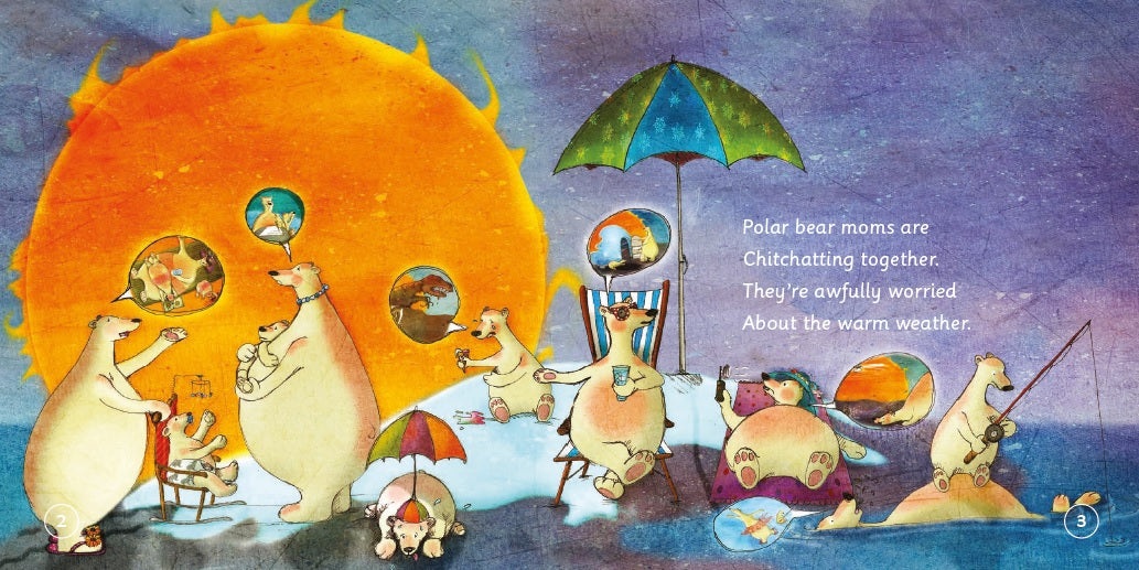 Illustration of polar bears in various activities with a large sun in the background.