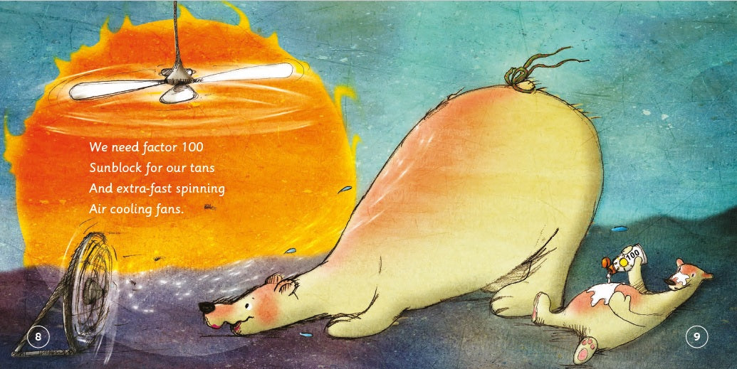 Illustration of a bear with sunblock and cooling fans, with text about sun protection.