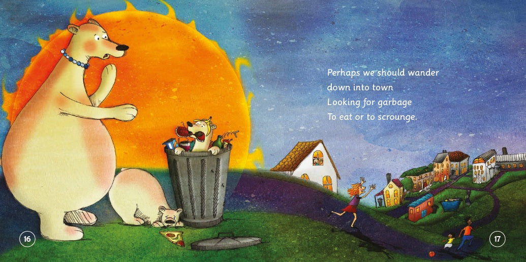 Illustration of a dog with a trash can and a sunset in the background