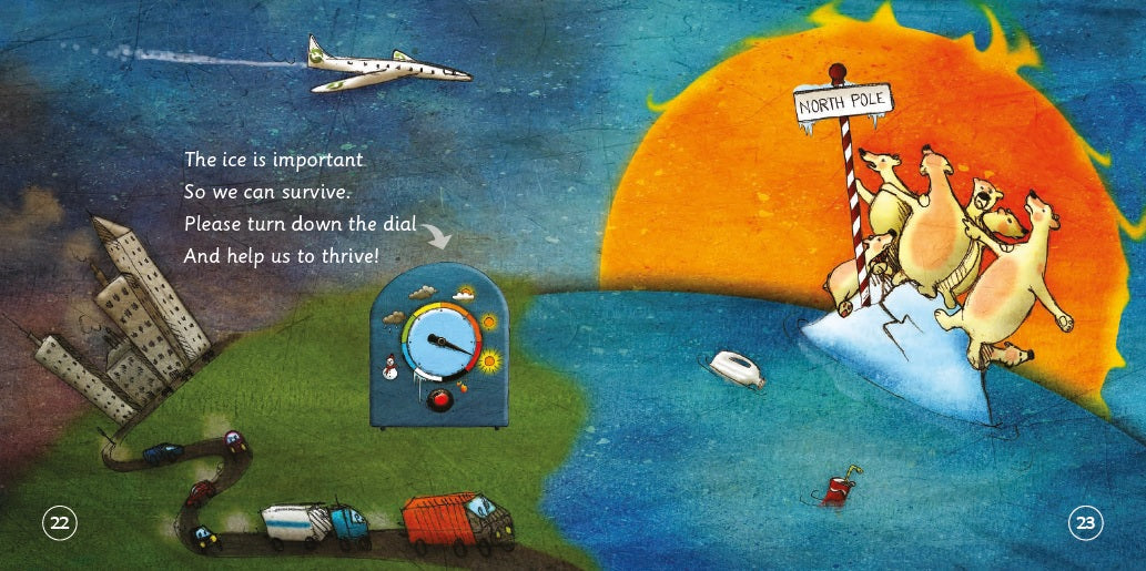 Illustration of animals at the North Pole with a dial and airplane, from a children's book.