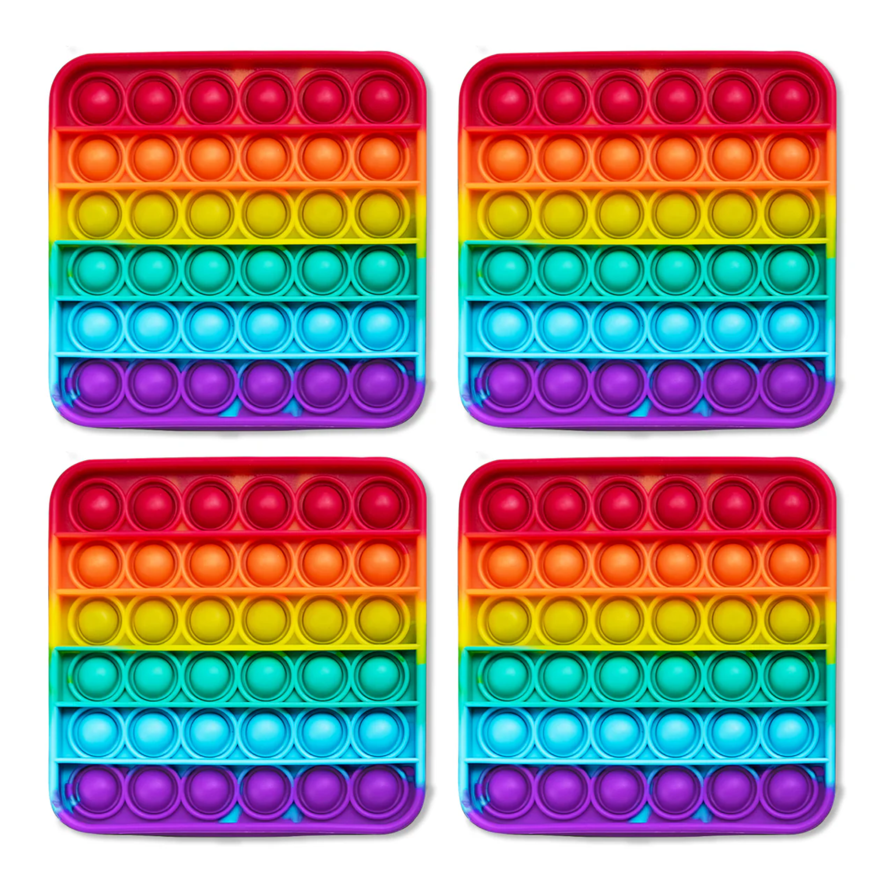 Four rainbow-colored pop-it fidget toys on a white background