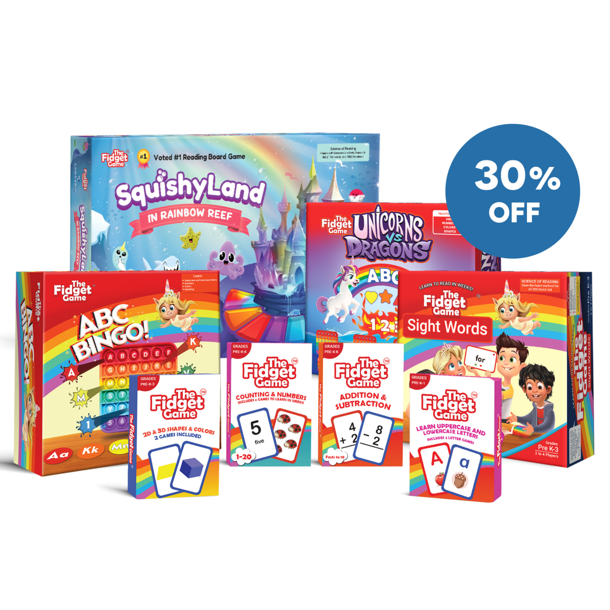 Collection of educational children's games with colorful packaging on a white background