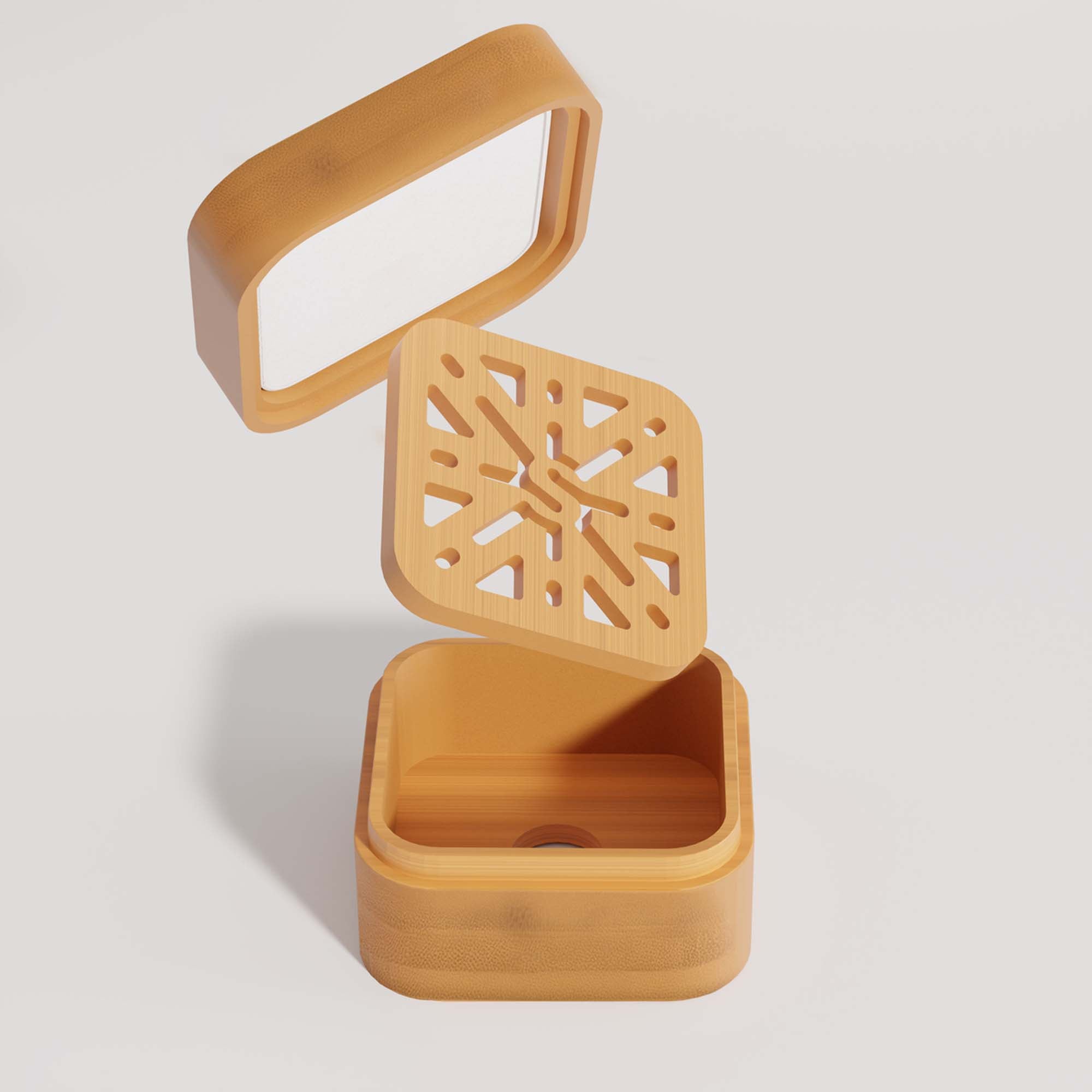 Wooden container with a geometric lid on a light gray background