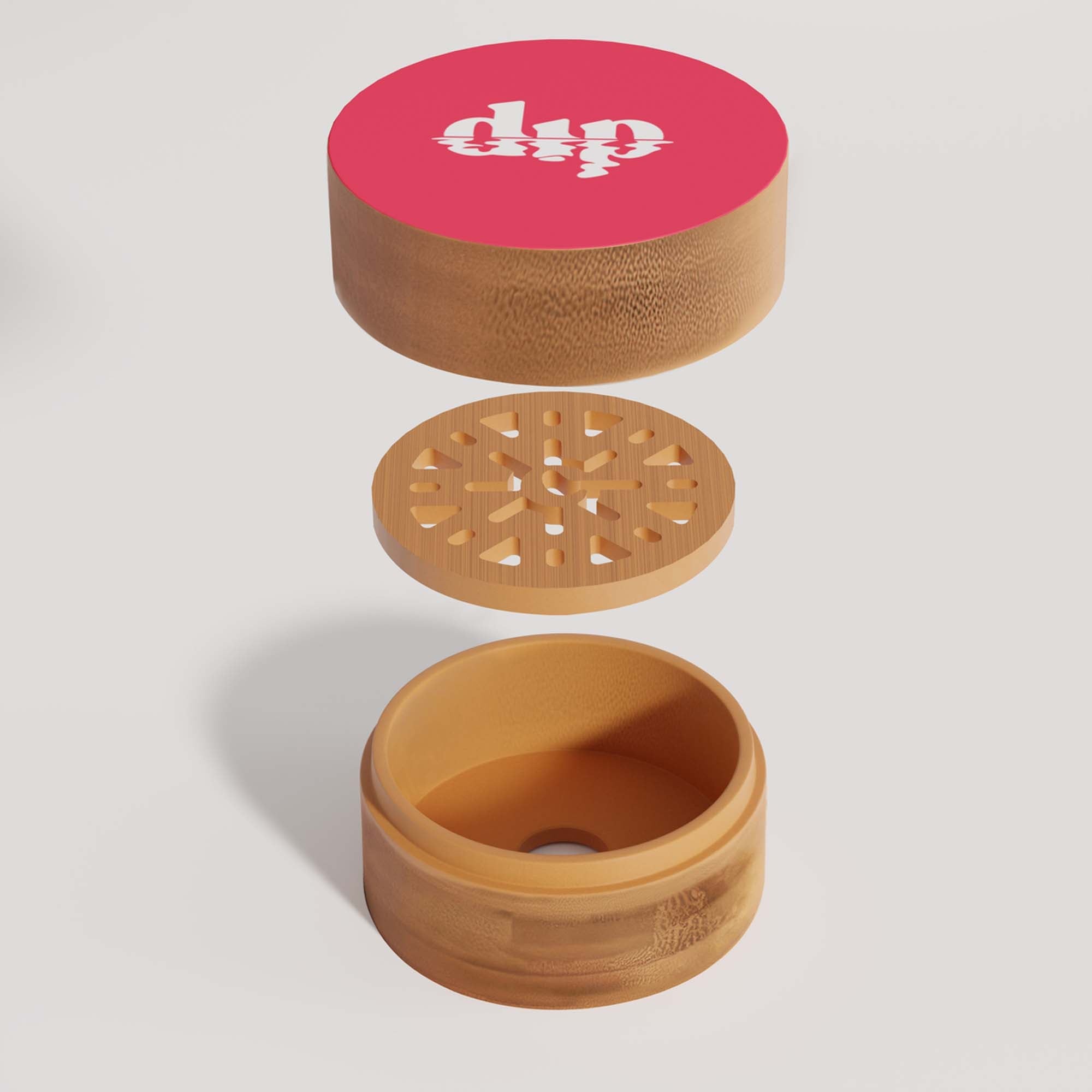Wooden container with a pink lid featuring 'dip' branding on a light gray background