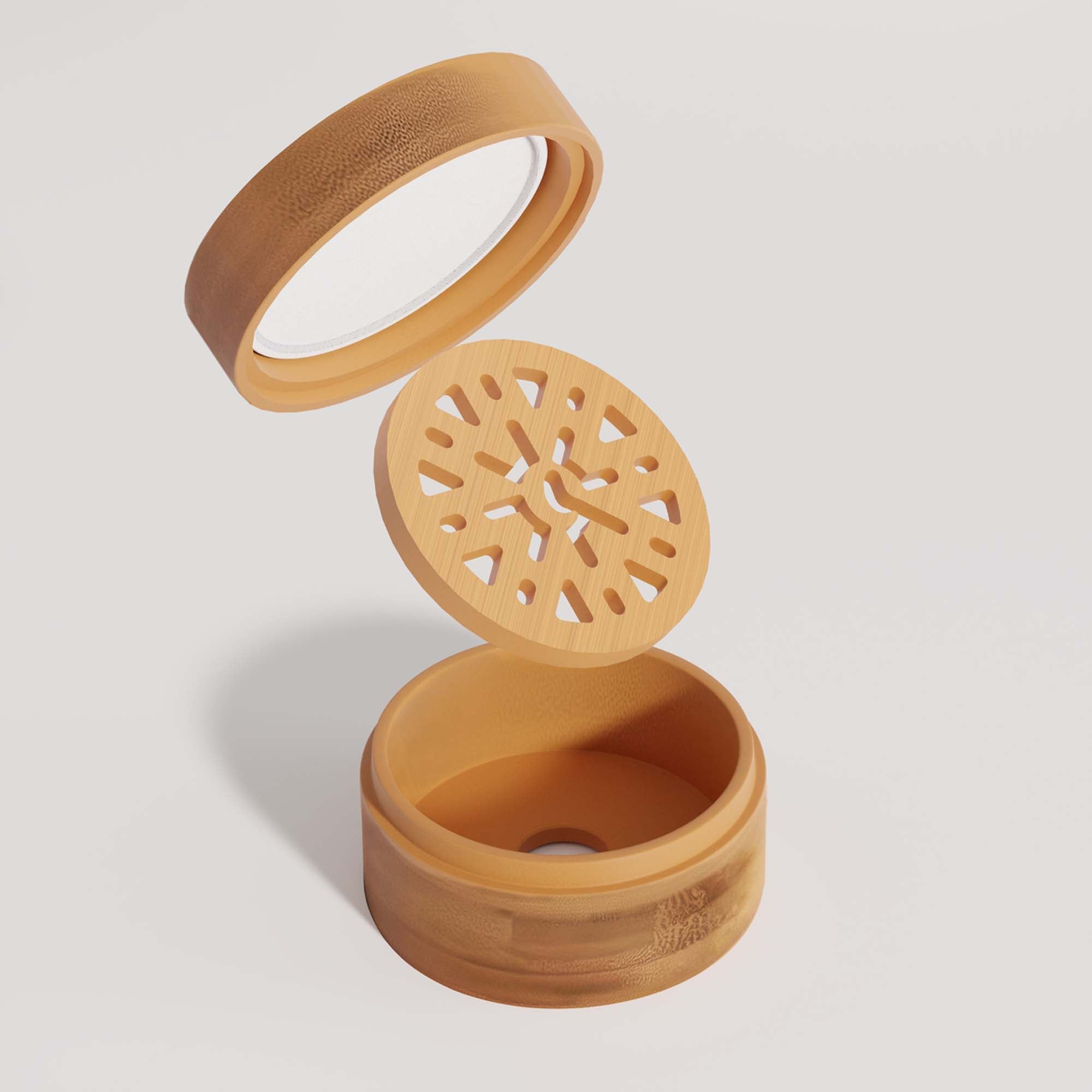 Wooden container with a lid on a light gray background
