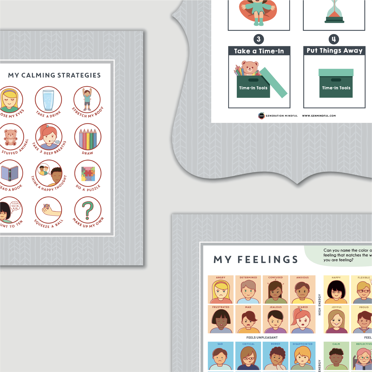 Educational posters on a gray background, including 'My Calming Strategies' and 'My Feelings' charts.