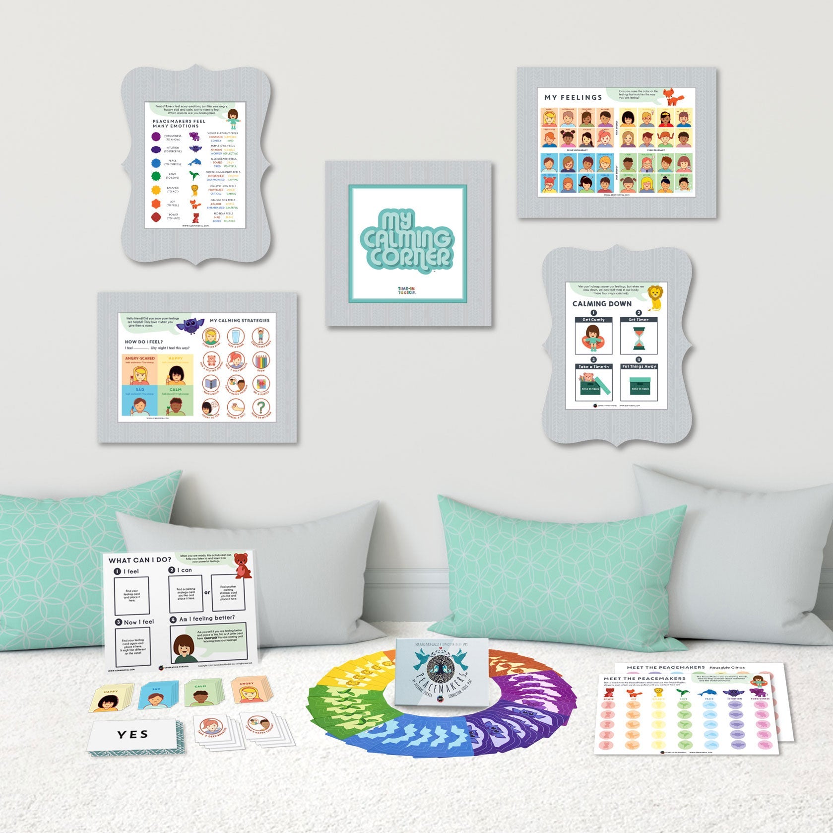 Educational posters and tools on a wall with pillows and a rug