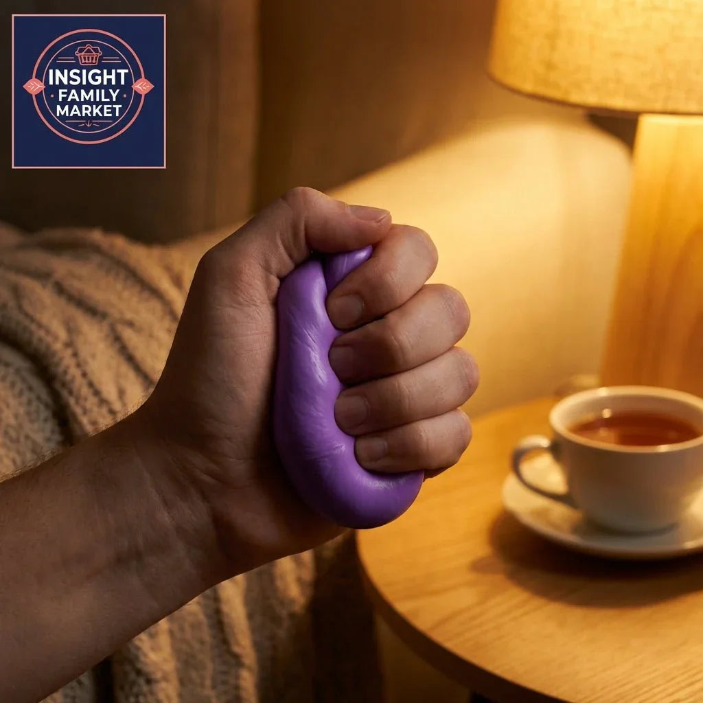 Hand squeezing purple stress ball near cozy lamp and cup of tea for sensory relaxation