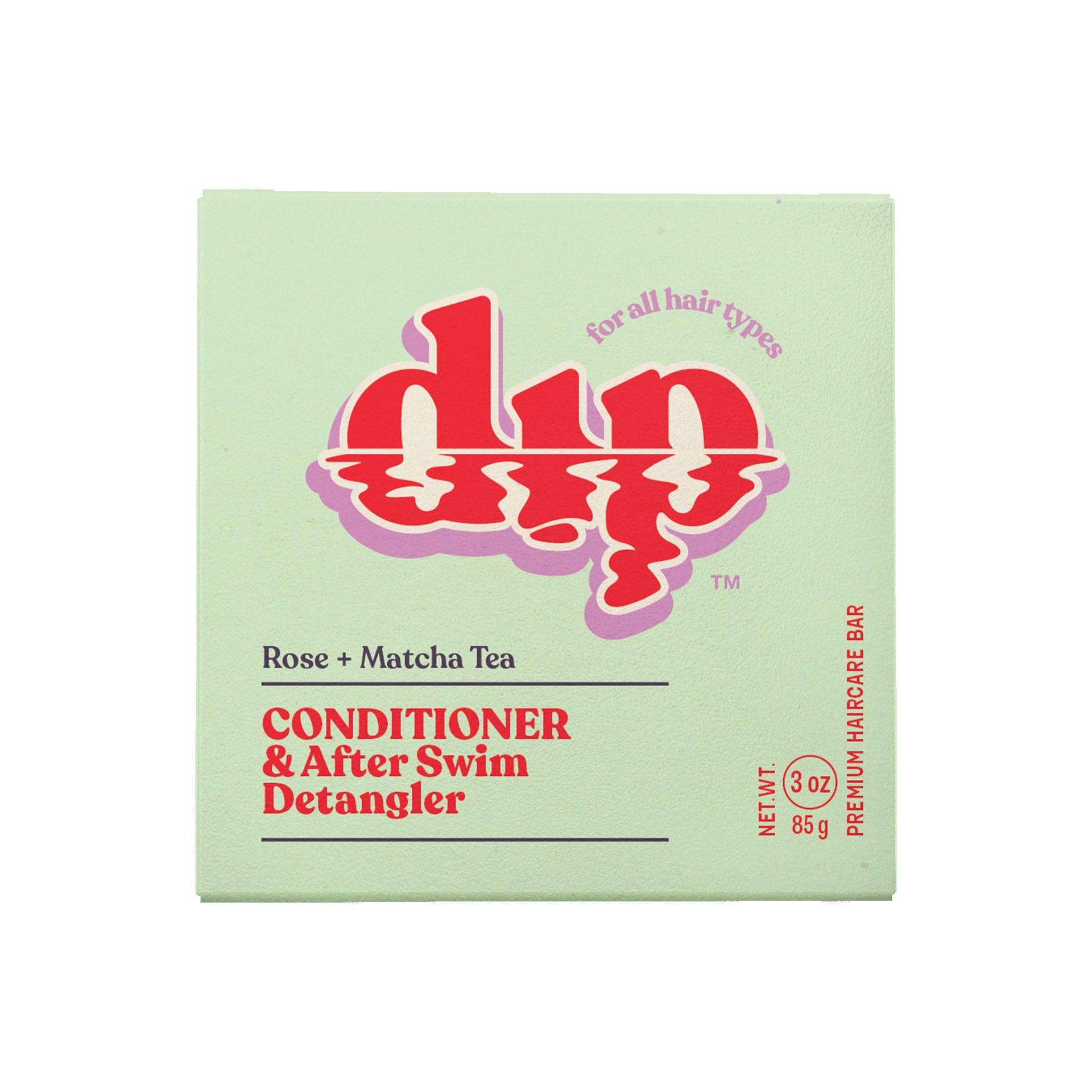 Box of dup conditioner and after swim detangler with green background and red text