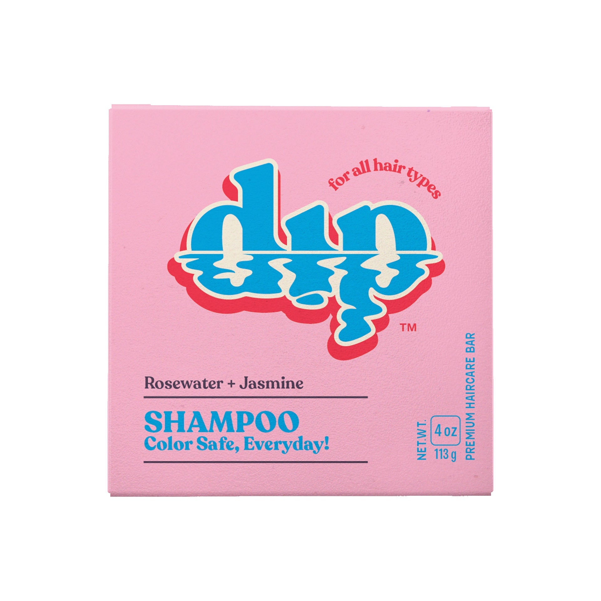 Pink bar of soap with blue and red text on a white background
