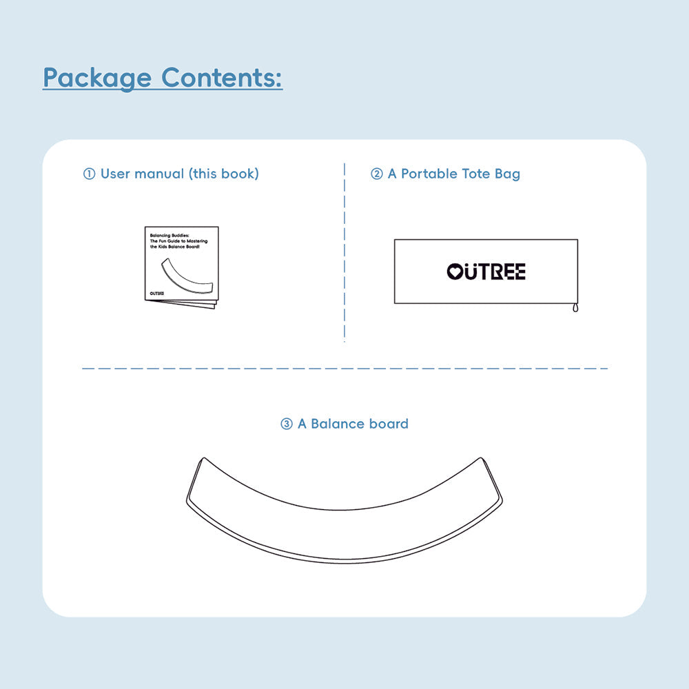 Diagram of package contents including a user manual, portable tote bag, and balance board on a light blue background.