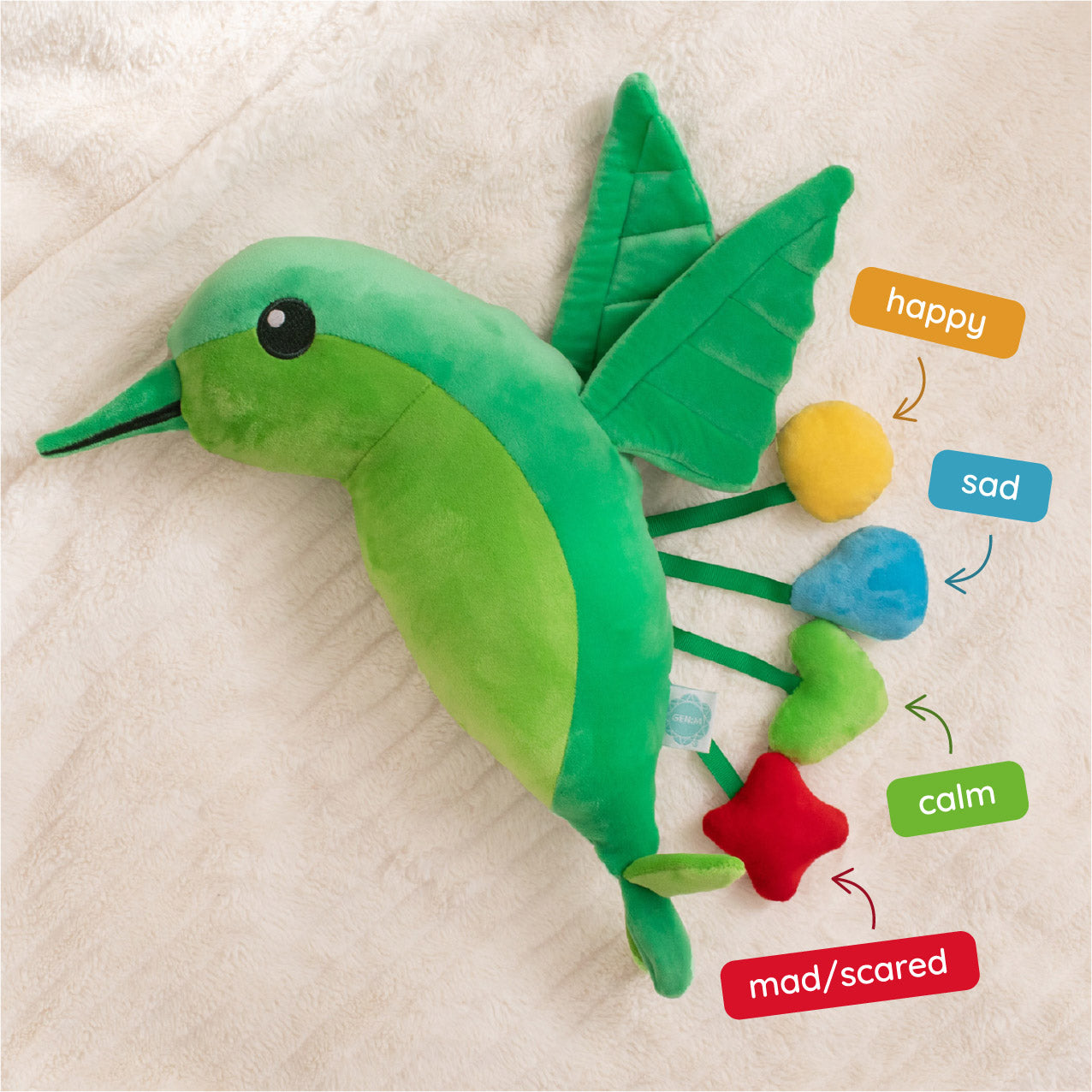 Green plush toy with emotion indicators on a beige background