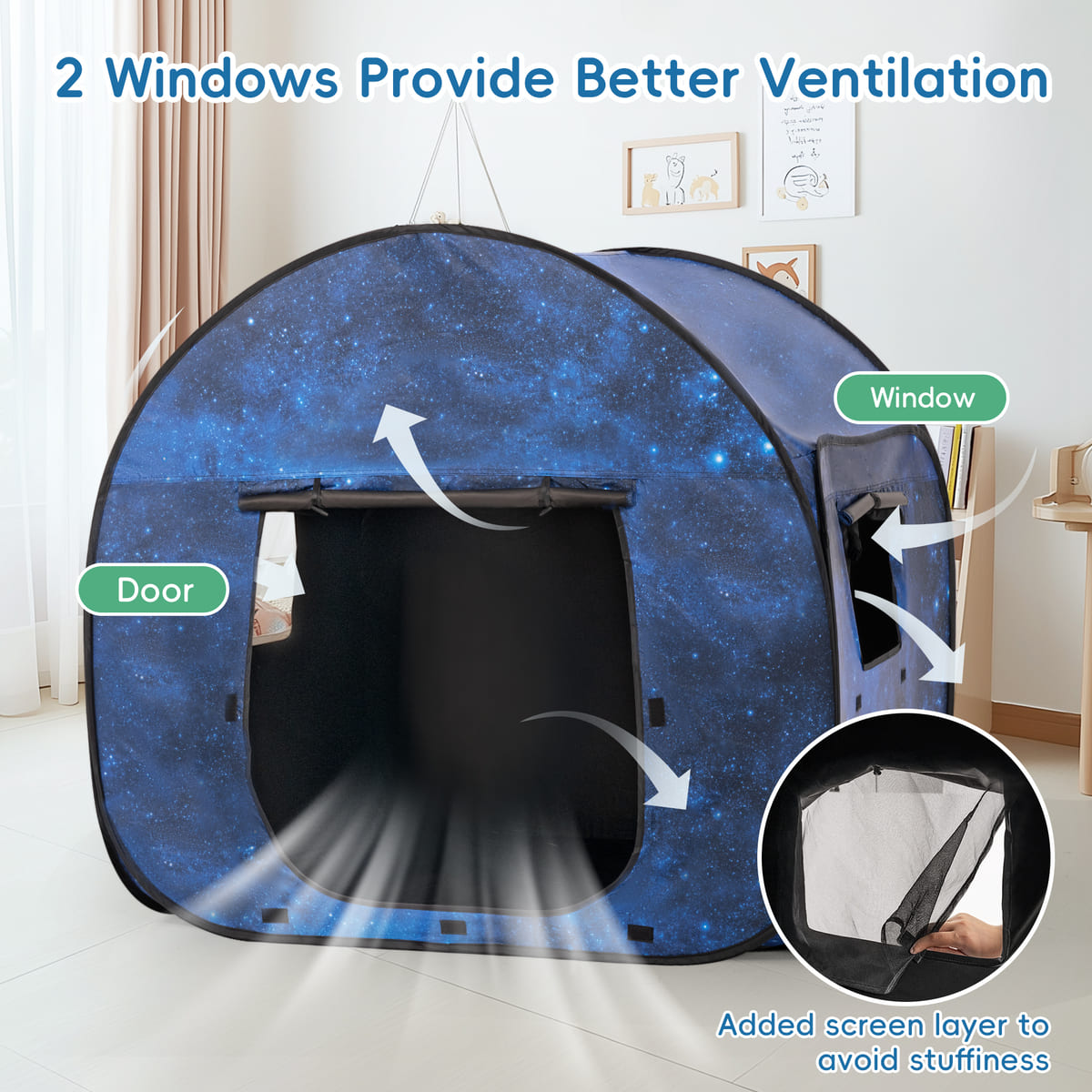 Blue pet tent with starry design, labeled windows and door, on a light background.