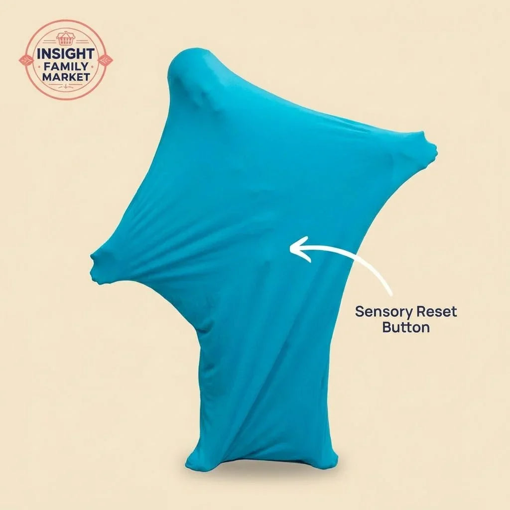 Child stretching inside blue sensory body sock with text 'Sensory Reset Button' on neutral background.