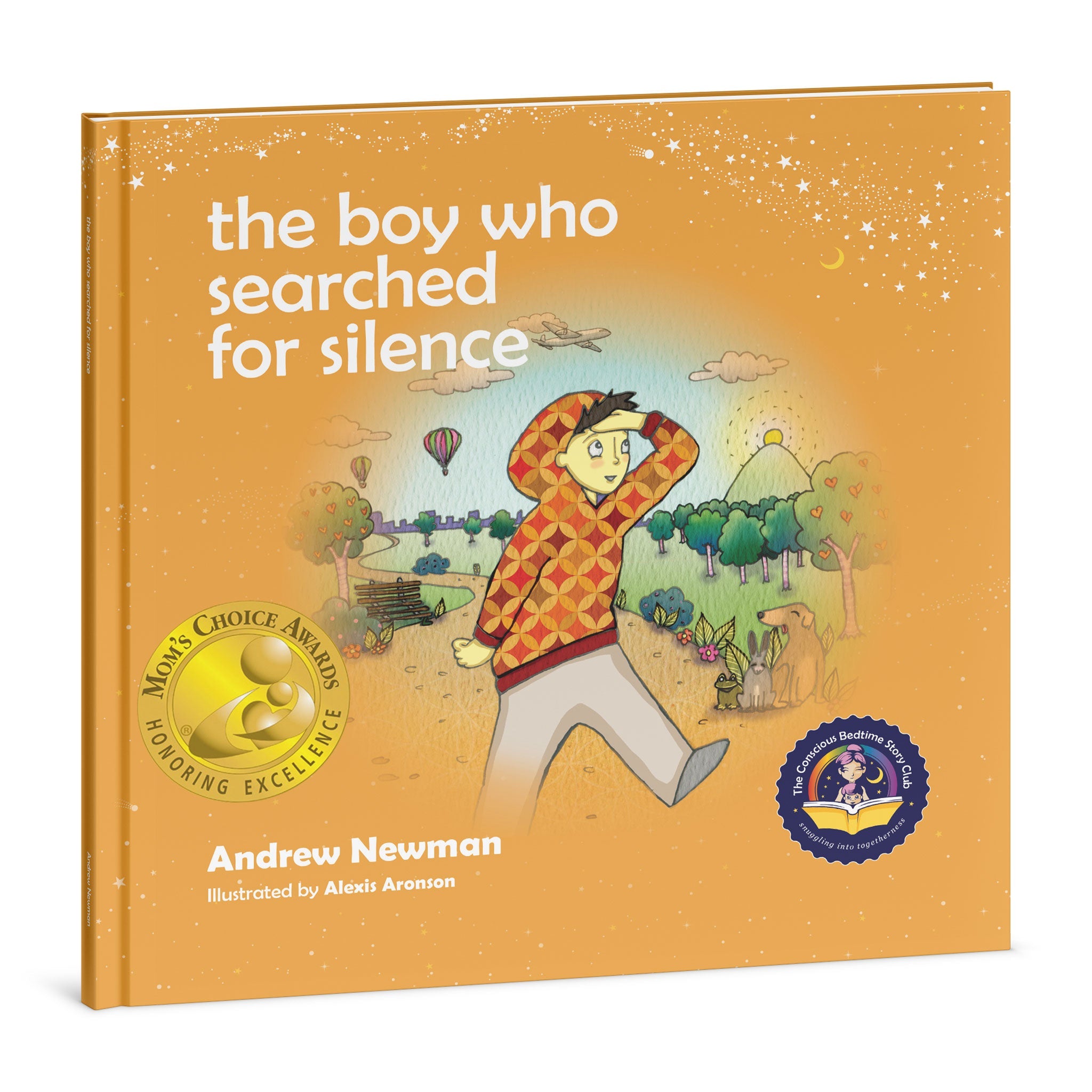 Book cover of 'the boy who searched for silence' with a child in a patterned jacket and a scenic illustration.