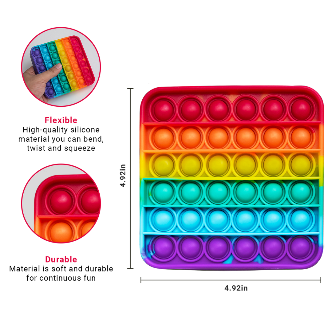 Rainbow-colored pop-it fidget toy with flexible and durable material features on a white background.