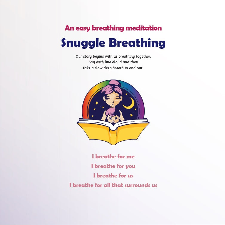 Instructional poster for 'Snuggle Breathing' meditation with a colorful illustration of a child and moon.